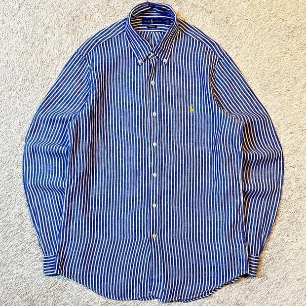 폴로 랄프로렌 신형 클래식핏 옐로우포니 스트라이프 린넨셔츠 블루