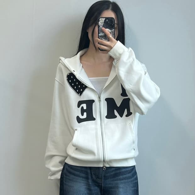 Vintage 빈티지 하트도트 화이트 후드집업