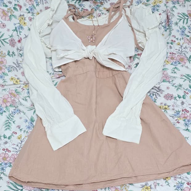 빈티지)페어리계 히메갸루 화이트 핑크 빅리본 원피스셔츠볼레로 코디세트