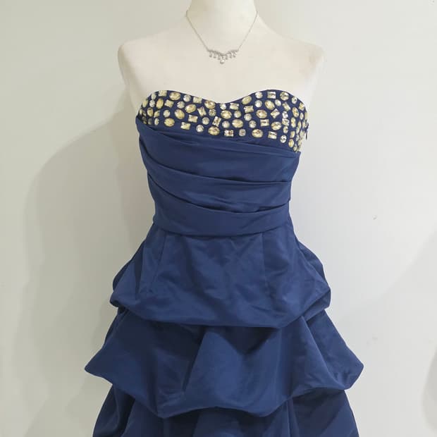 고전일본빈티지)네이비 오네갸루 큐빅 벌룬캉캉미니드레스 파티걸댄스연주회대회