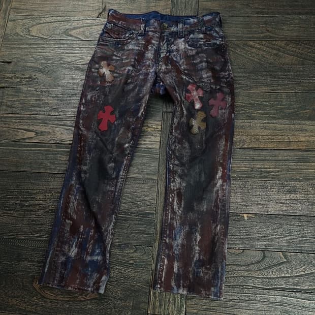 트루릴리전 고딕 펑크 커스텀 레더 크로스 리키 데님 팬츠 M18933