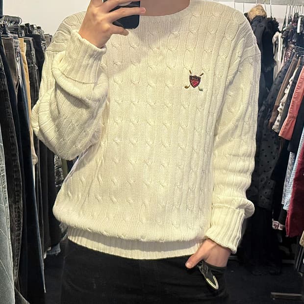 폴로 랄프로렌 꽈배기 니트 스웨터 L 100 화이트 프레피 클래식 오버핏