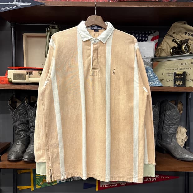 90s 폴로 랄프로렌 살몬 스트라이프 브라운포니 럭비셔츠 N912