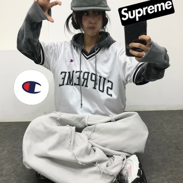 슈프림 x 챔피온 콜라보 화이트 져지