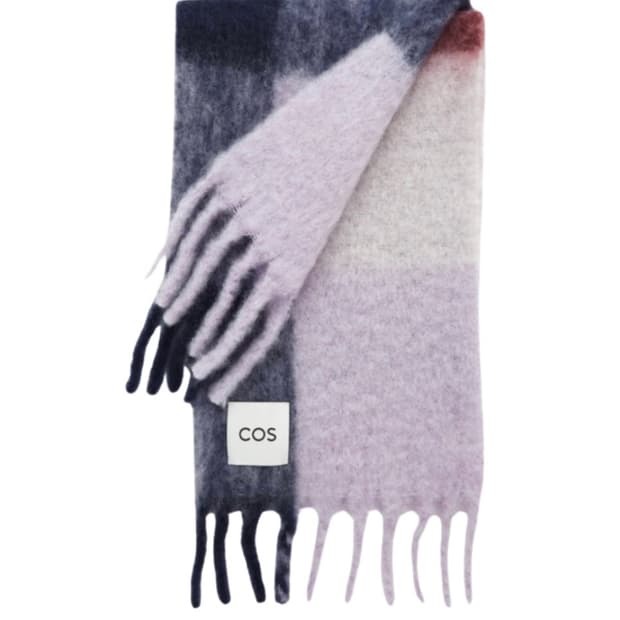 cos 프린지드 모헤어 머플러 레드 라일락 체크 