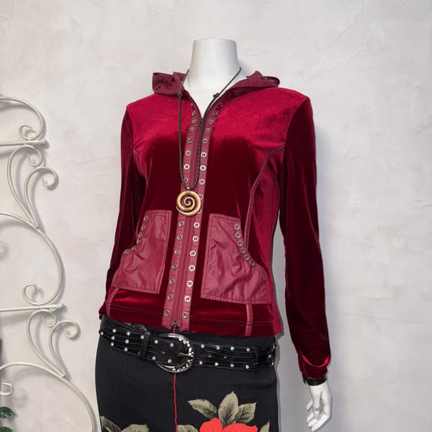 Red velvet button detail hood zipup