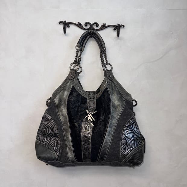 BNX black metal silver oriental tote bag