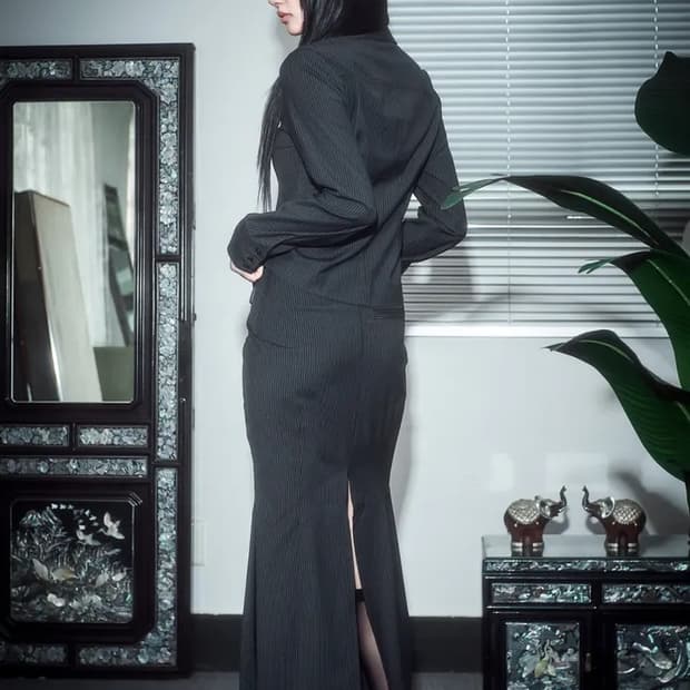 디어미 오피스 롱스커트 스트라이프 스커트 오도어