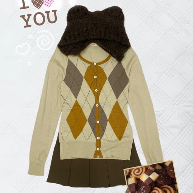 ꒰ঌ 모카 라떼맛 아가일 가디건 ໒꒱