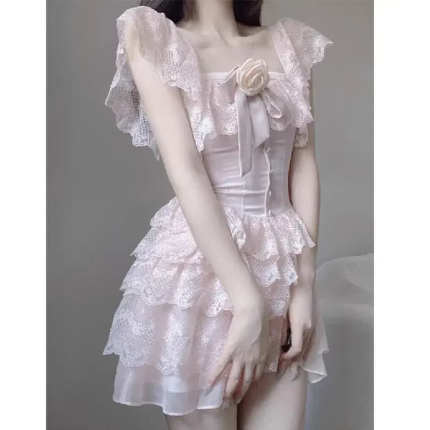 발레코어룩 브로치세트원피스캉캉스커트오프숄더프릴레이스원피스투피스세트