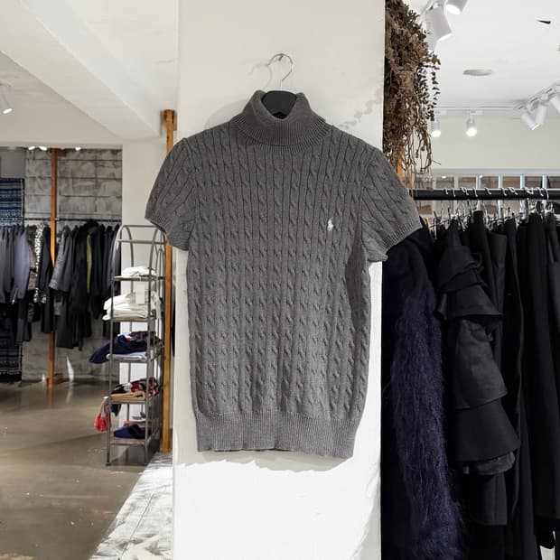 폴로 랄프로렌 스포츠 그레이 코튼 케이블 하이넥 반팔 니트