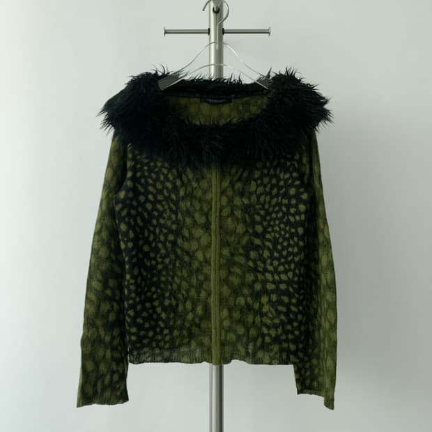 Green leopard fur cardigan