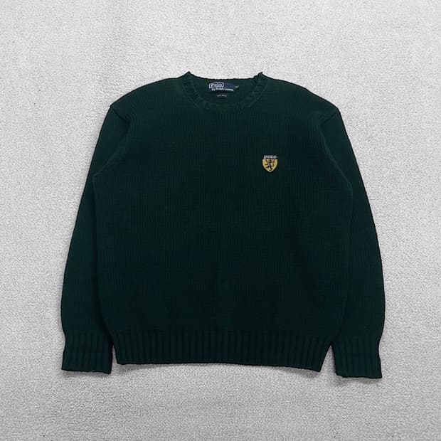 폴로 랄프로렌 90s 라이언 쉴드 패치 울 라운드 니트 다크그린