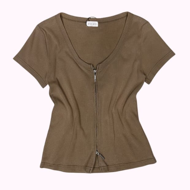 brown ribbed zip-up top