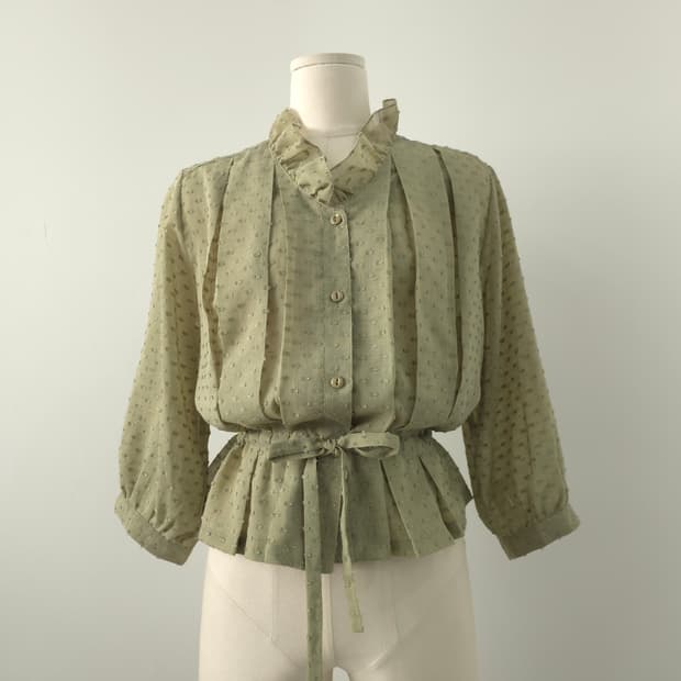 Montate 올리브그린 마혼방 시스루 프릴 8부 블라우스