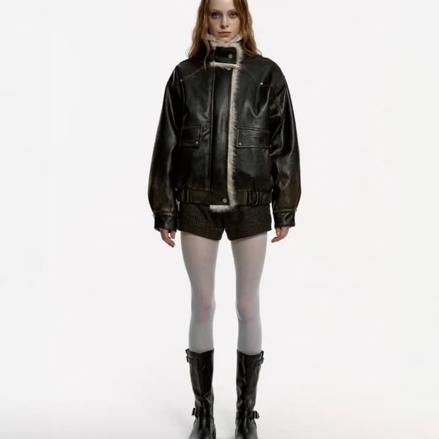 러프넥 워싱 레더 무스탕 자켓 M