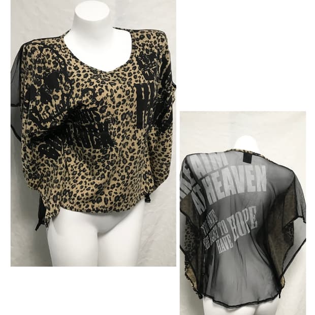 빈티지 갸루 펑크 해골 레오파드 가오리핏 시스루 슬리브리스 탑