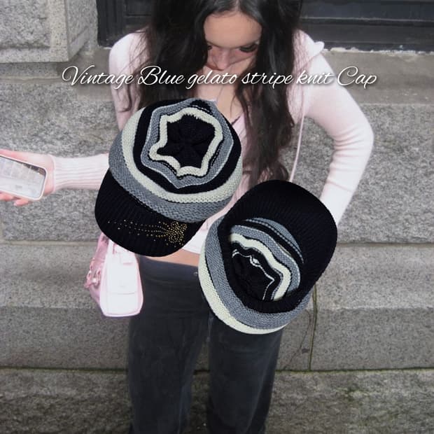 Vintage Blue gelato stripe knit Cap