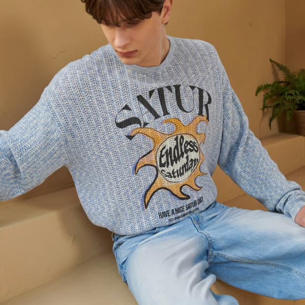 SATUR 세터 이비자 썬 레트로 그래픽 메시드 니트 블루 M
