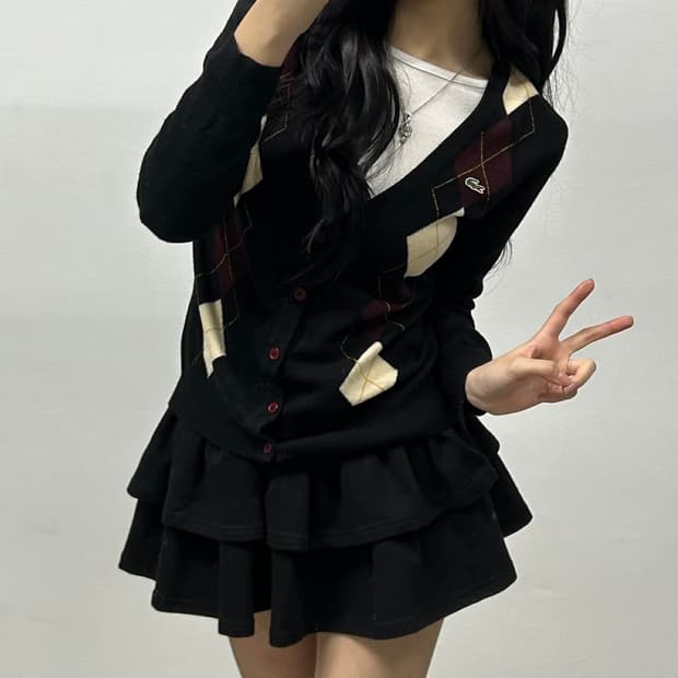 라코스테 아가일 울 100% 니트 걸즈 가디건(40)