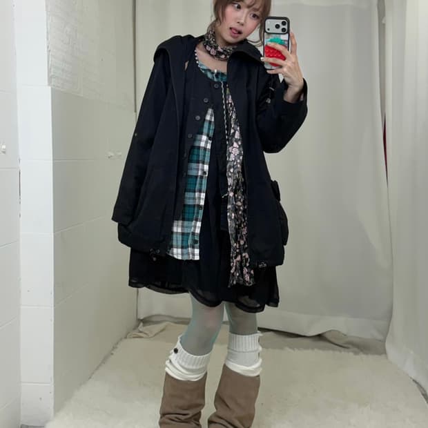 무채색 모리걸 컬러포인트 체크 원피스 하이넥 야상 코디세트