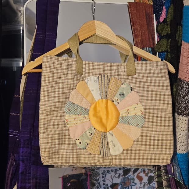 꽃 패치워크 베이지 잔체크 토트백