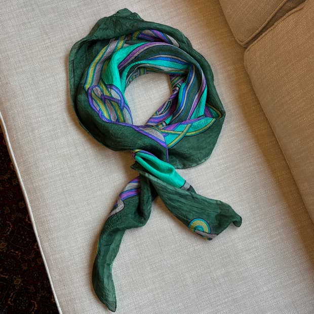 빈치지 패턴 실크 스카프 그린