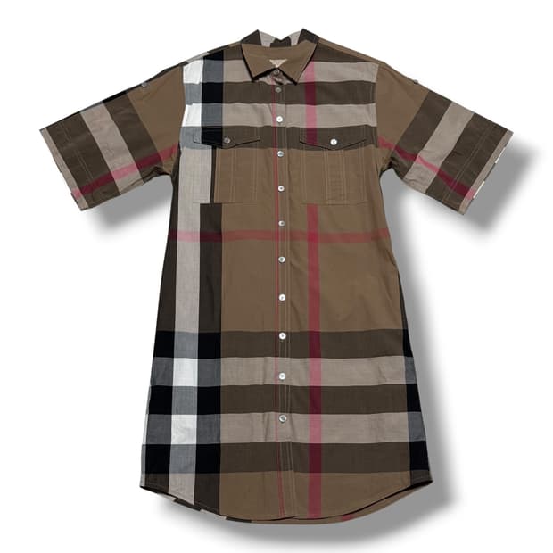 ‼️ Burberry M 여성용 브라운 노바체크 원피스 셔츠 ‼️