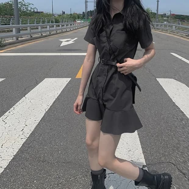 애니원모어 챠콜 셔츠 원피스