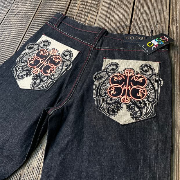 쿠지 자수 흑청 데님팬츠