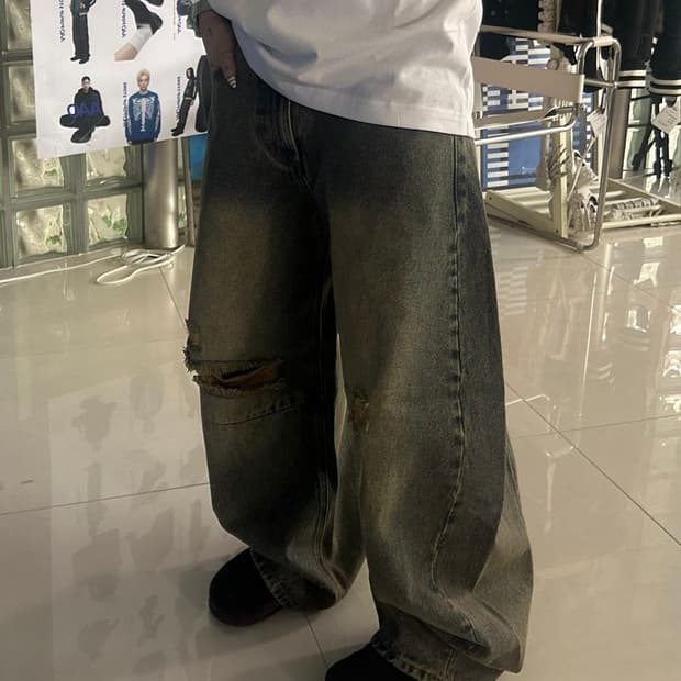 SILHOUETTE CUR 와이드 실루엣 커브 데미지 데님 팬츠