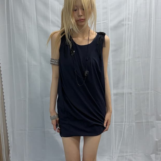 [Vintage] Ribbon Shoulder Detail Blue Dr