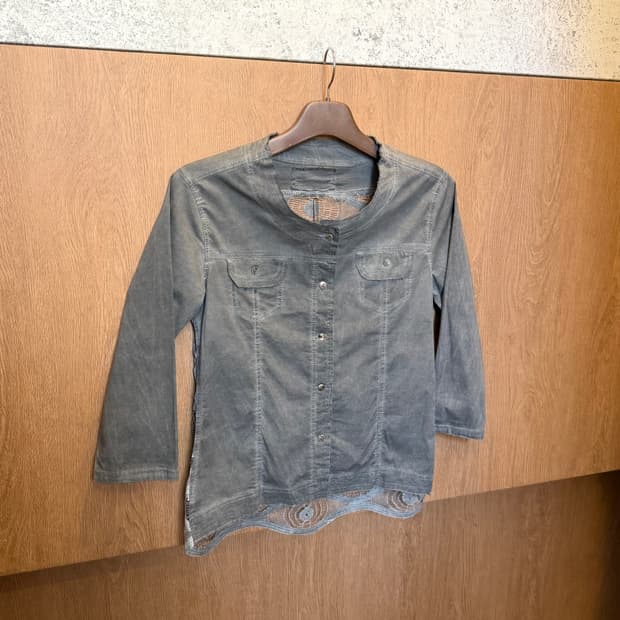 빈티지 코튼 7부 셔츠 믹스 패브릭 백 시스루 레이스 디테일 그레이