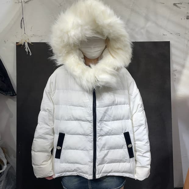 일본빈티지 울프죠 퍼 후드 화이트 패딩 점퍼 M