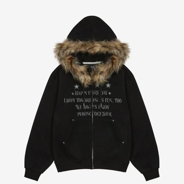 러브이즈트루 퍼 후드집업 블랙 레터링