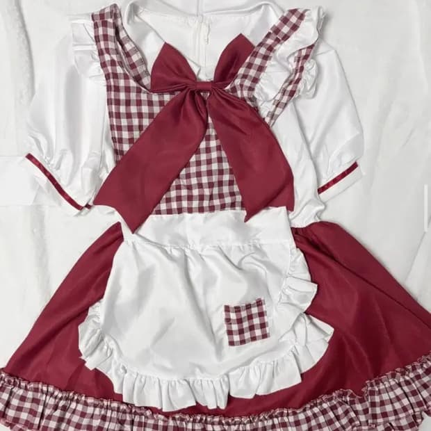 레드 타탄체크 메이드복 코스프레 의상 풀셋