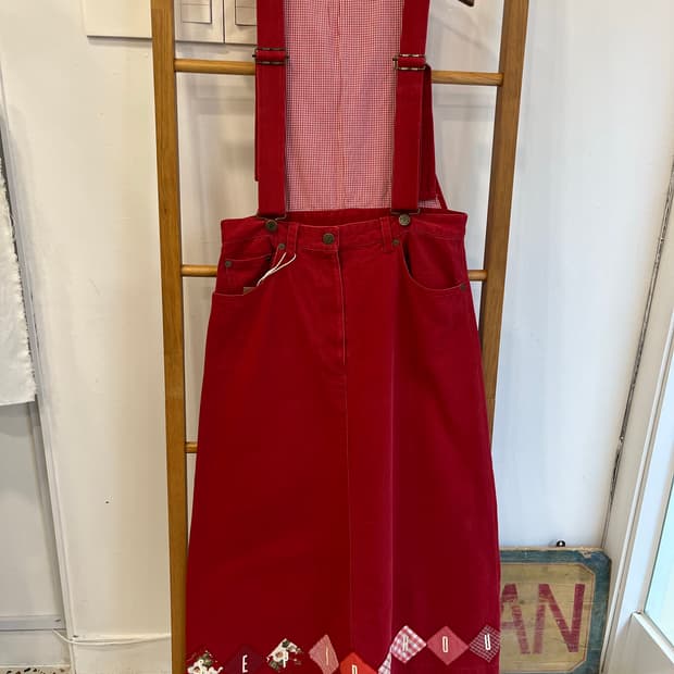 [정품] 핑크하우스 빈티지 레드 패치워크 멜빵치마