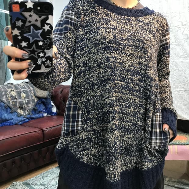 빈티지 여성 체크패치 라운드 니트 