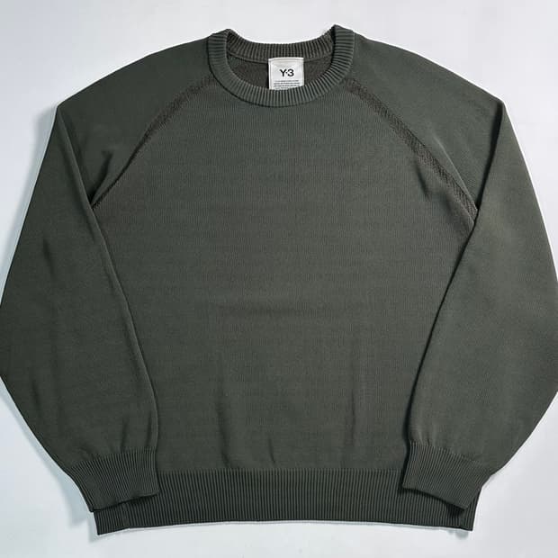 Y-3 로고 카키 크루넥 니트