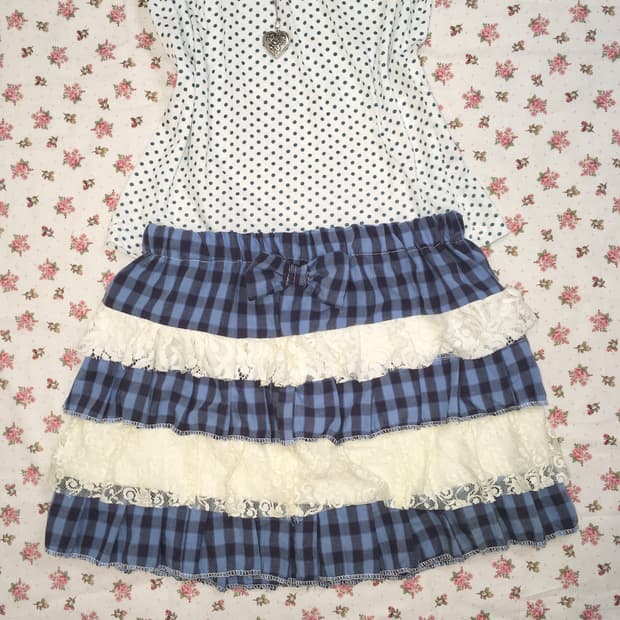 jpn vintage blue check ribbon cancan ski