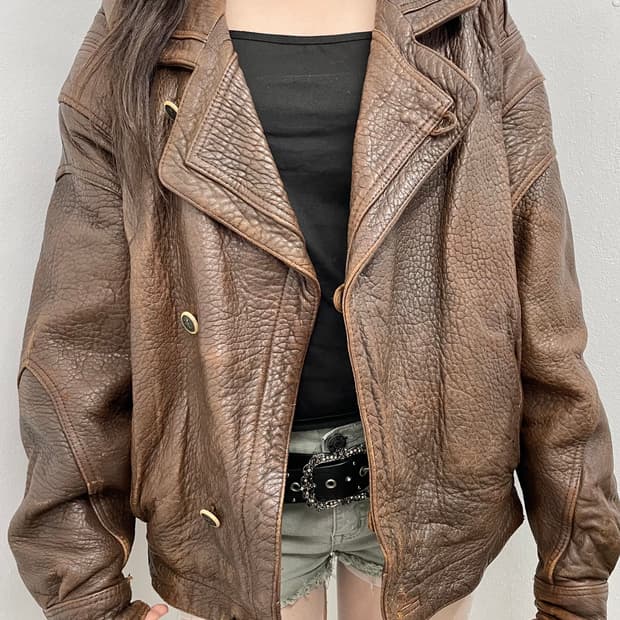 브라운 헤비 레더 봄버 자켓