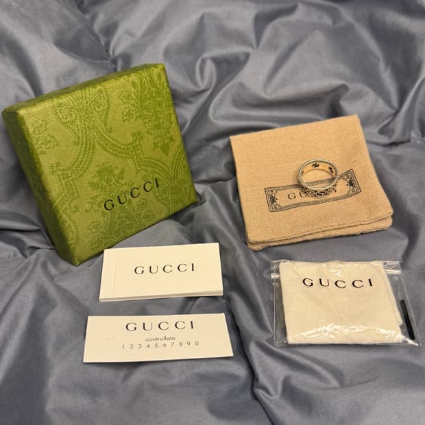 구찌 인터로킹 플라워링 18호 실버 반지 G링 에이지드 피니쉬