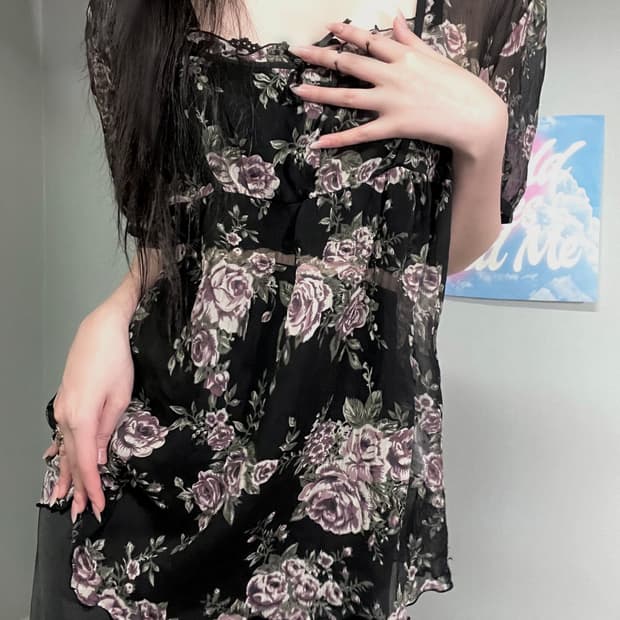 블랙 엔틱 고딕 로즈 장미 프릴 레이스 셔링 쉬폰 블라우스