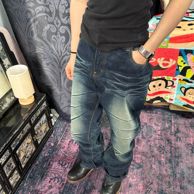디테일 데님 와이드 패치 포인트 팬츠