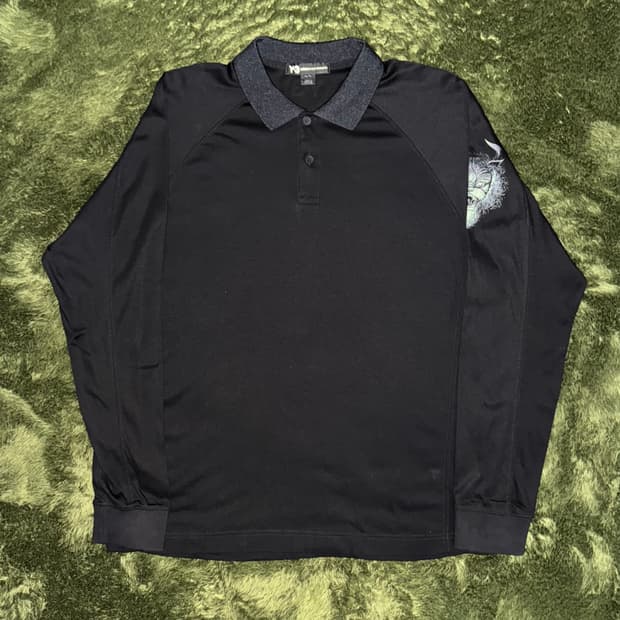 [XL] Y-3 요지 야마모토 롱슬리브 그래픽 프린트 폴로 티셔츠 블랙
