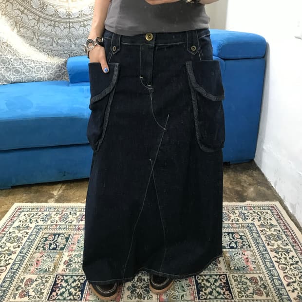 제페니즈 빈티지 여성 디테일 생지 데님 롱 스커트 (Z1330)