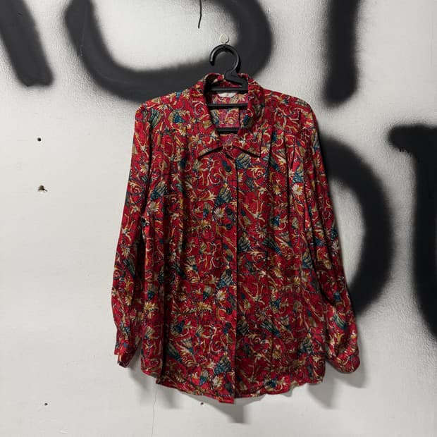 VTG 빈티지 100% 실크 플라워 자카드 풀 패턴 블라우스 셔츠