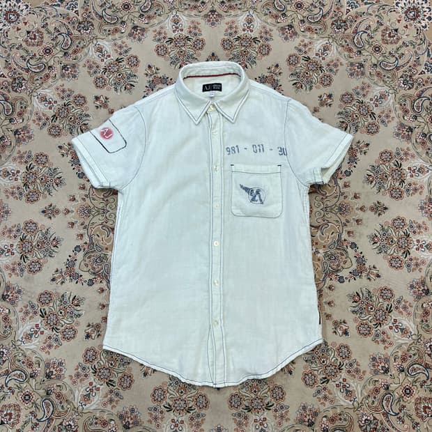 아르마니 진스 로고 프린팅 린넨 반팔 셔츠