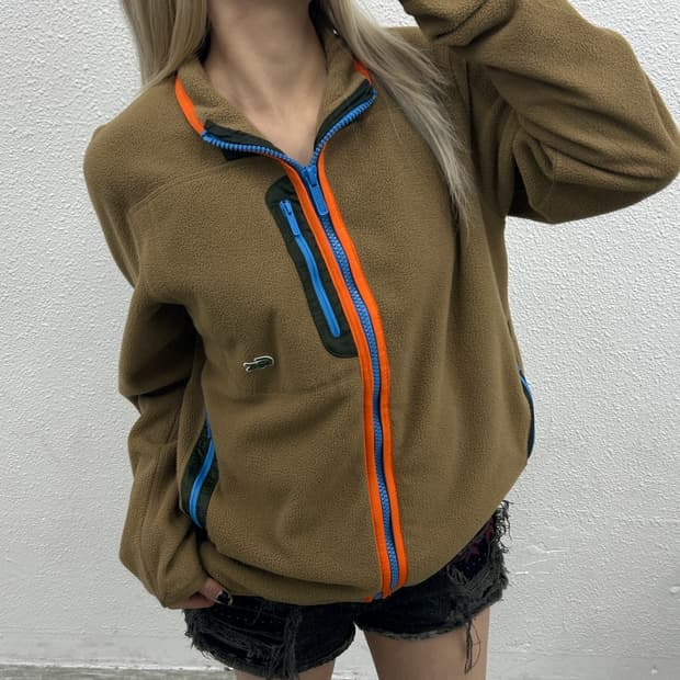 라코스테 카키배색 딥베이지 후리스 집업 S