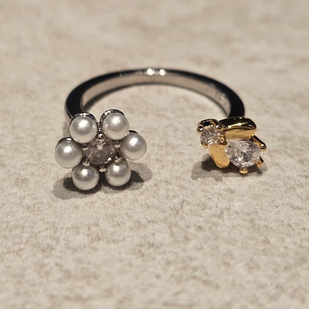 진주 플라워 앤 벌 실버 큐빅 오픈링 새상품